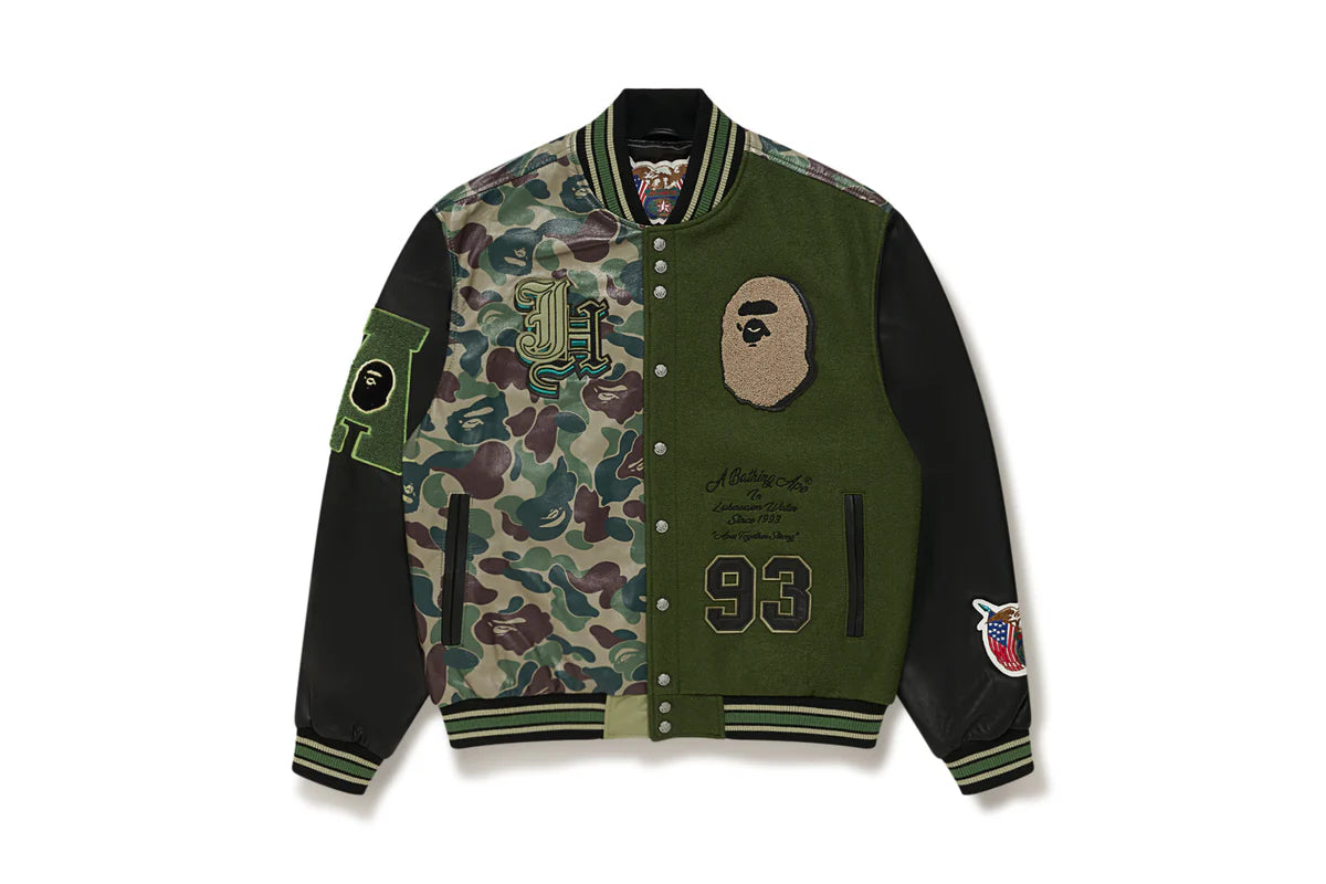 BAPE X JEFF HAMILTON GOAT LEATHER COLOURBLOCK LONG SLEEVE JACKET MENS
